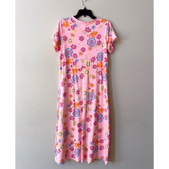 Vintage 90s Fresh Produce Pink Floral Cotton Midi Dress Small V-Neck USA Made - Picture 5 of 5